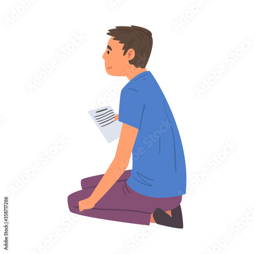 Young Man with Sheet of Paper Sitting on the Floor, Man Chatting Online via the Internet Using Video Call or Talking Face to Face, E-learning Concept Vector Illustration