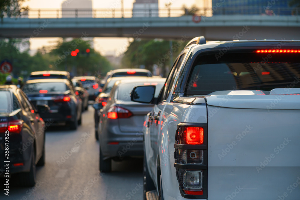 Car traffic jams in the city at rush hour