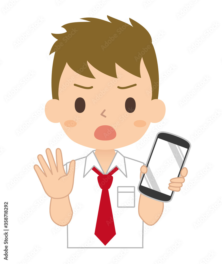 NOサインでスマートフォンを持つ男子学生 NOサインでスマートフォンを持つ男子学生