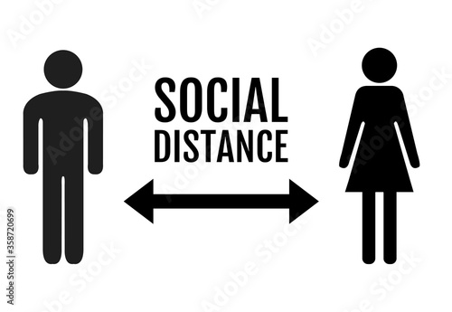 Social Distance Banner With Persons Man And Woman, Vector Illustration