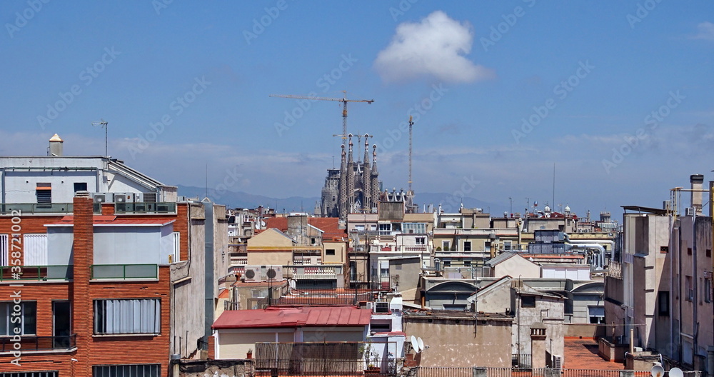 View of Barcelona city cityscape with Sagrada Familia church. Barcelona, Spain