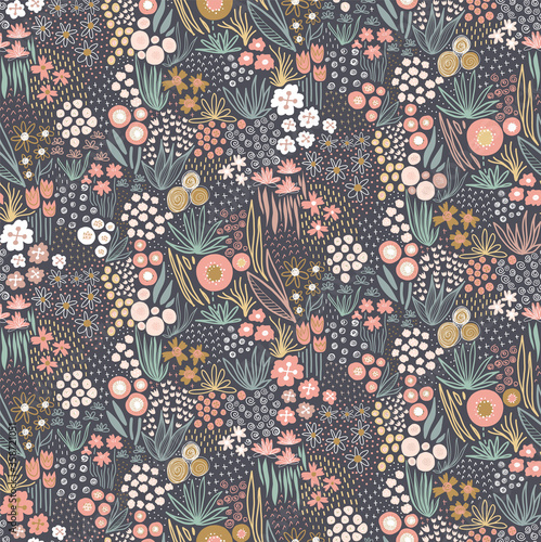 Flower field pastel colors on dark seamless vector pattern. Repeating liberty doodle flower meadow background. Repeating Scandinavian style line art florals. For fabric, wallpaper, home decor