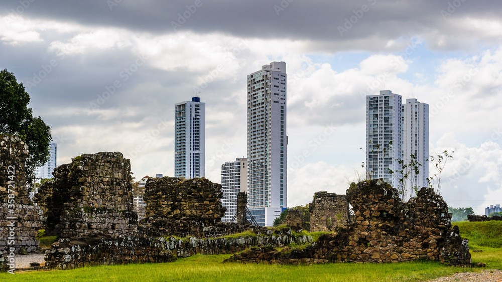It's Archaeological Site of Panama Viejo and Historic District of Panama. UNESCO World Heritage. And the cityscape of the Panama City on the background
