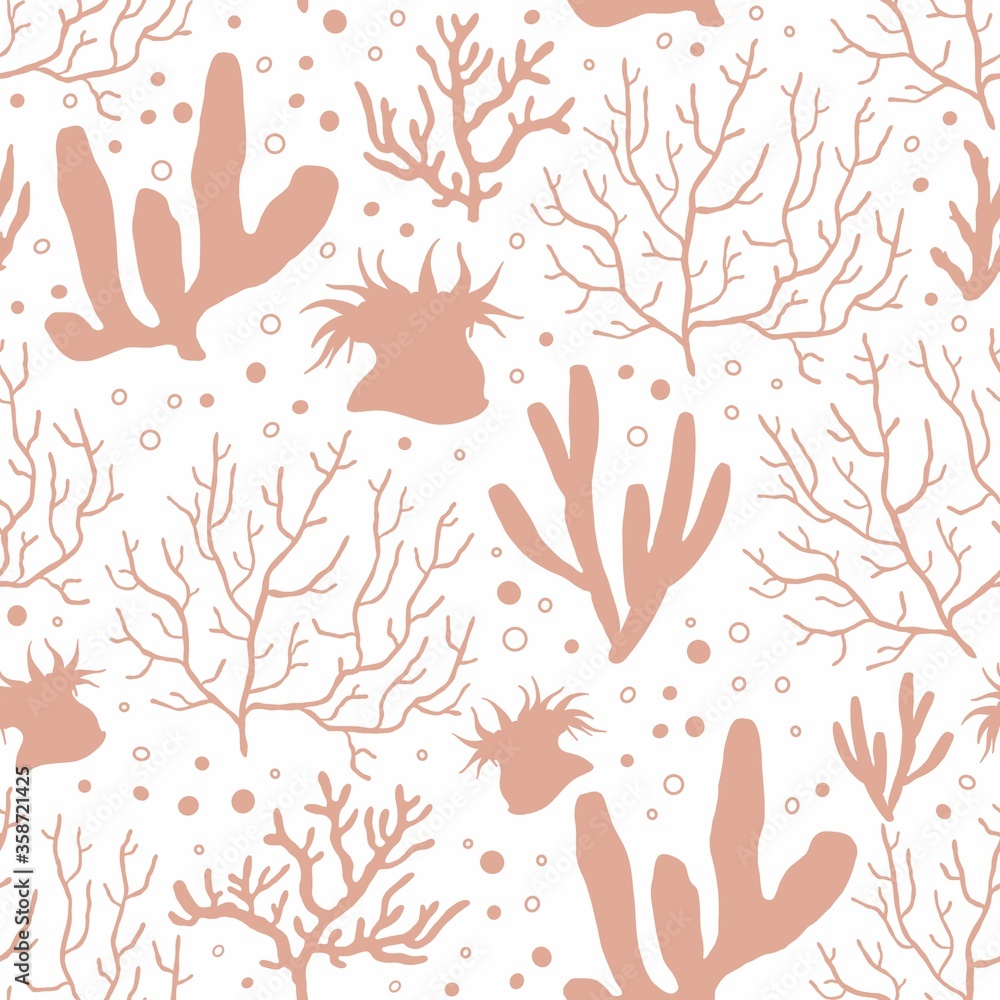 seamless pattern with coral coral color on a white background. illustration of marine underwater organisms.