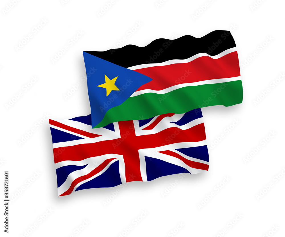 Fototapeta premium Flags of Great Britain and Republic of South Sudan on a white background