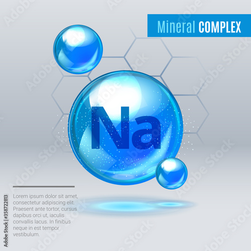 Mineral Na Natrium blue shining pill capcule icon . Mineral Vitamin complex with Chemical formula . Shining cyan substance drop. Meds for heath ads. Vector illustration.