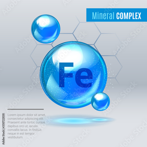 Mineral Fe Ferum blue shining pill capcule icon . Mineral Vitamin complex with Chemical formula . Shining cyan substance drop. Meds for heath ads. Vector illustration. photo