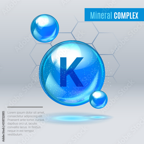 Mineral K Kalium blue shining pill capsule icon . Mineral Vitamin complex with Chemical formula . Shining cyan substance drop. Meds for heath ads. Vector illustration.