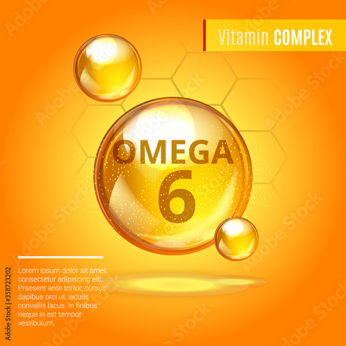 Vitamin Omega-6 Fatty Acids gold shining pill capsule icon . Vitamin complex with Chemical formula Dietary supplement .Shining golden substance drop or essence droplet. Meds for health ads. Vector.