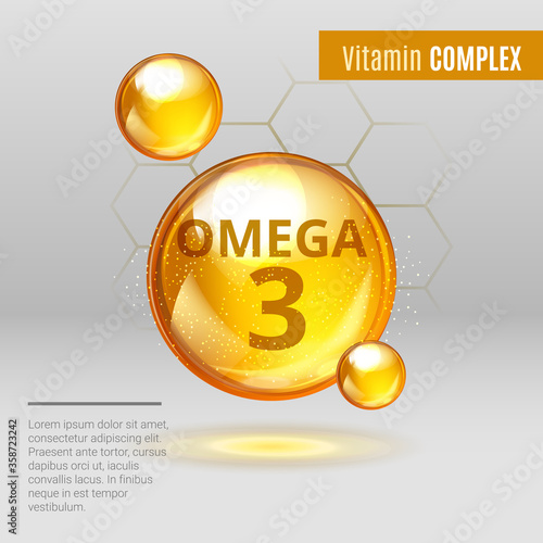Vitamin Omega-3 Fatty Acids gold shining pill capsule icon . Vitamin complex with Chemical formula Dietary supplement .Shining golden substance drop or essence droplet. Meds for health ads. Vector.