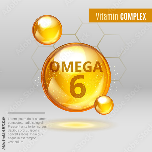 Vitamin Omega-6 Fatty Acids gold shining pill capsule icon . Vitamin complex with Chemical formula Dietary supplement .Shining golden substance drop or essence droplet. Meds for health ads. Vector.