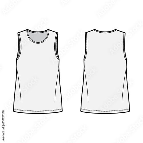 T-shirt technical fashion illustration with crew neck, fitted oversized body sleeveless, flat.