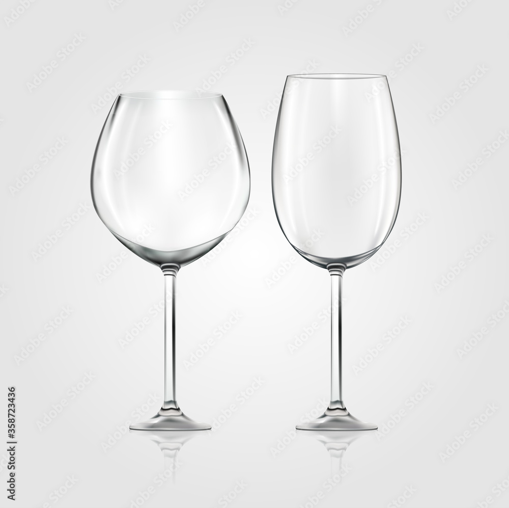 Vector realistic empty Wine Glasses isolated on white background. Vector illustration of 2 Wine Glasses, widen and narrow
