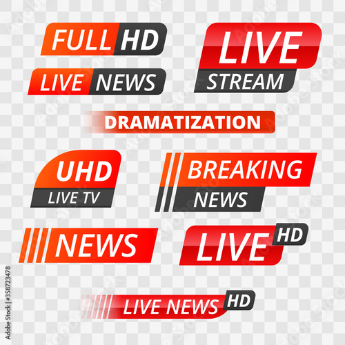 Vector tv news banner interface , news label strip or icon, live news, breaking news, full Hd, ultra HD, dramatisation, live stream inscription. Red set of media labels on transparent background