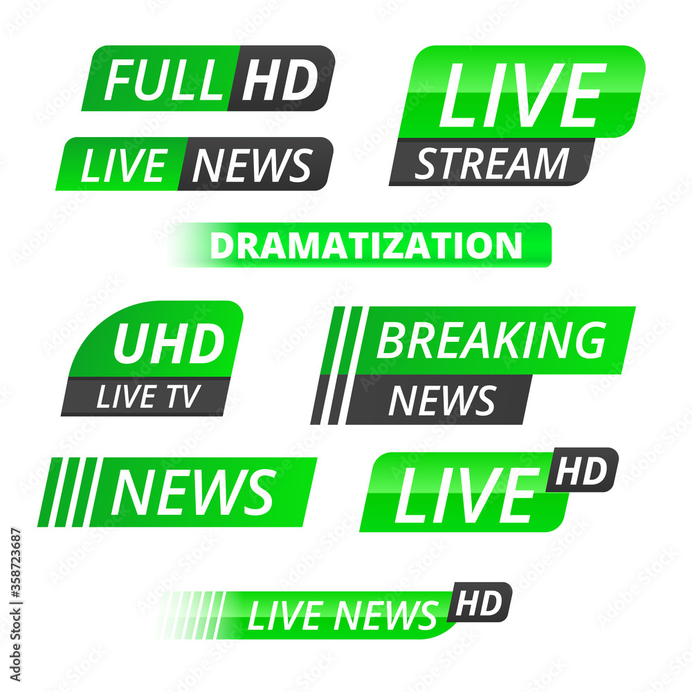 Vector tv news banner interface , news label strip or icon, live news, breaking news, full Hd, ultra HD, dramatisation, live stream inscription. Green set of media labels on white background Vector tv news banner interface , news label strip or icon, live news, breaking news, full Hd, ultra HD, dramatisation, live stream inscription. Green set of media labels on white background