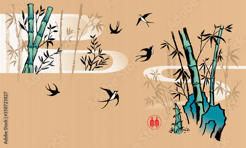 Elegant Chinese ink brush style bamboo drawing. Vector. The Chinese word stamp means bamboo.