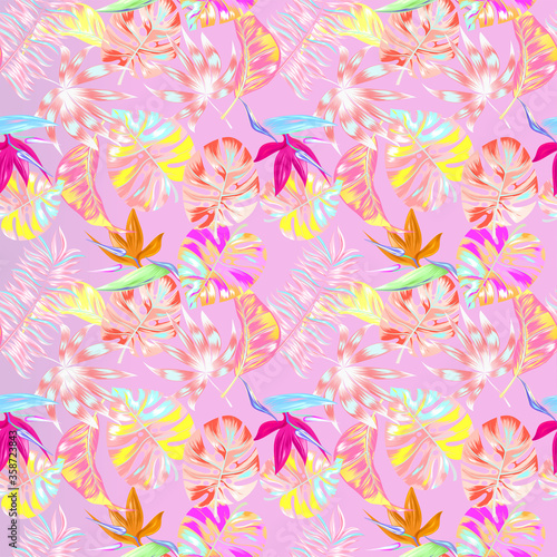 Beautiful pink summer trendy jungle tropical seamless vector illustration. Fashionable abstract hawaii tropical nature and floral pattern background with colorful palm leaves.