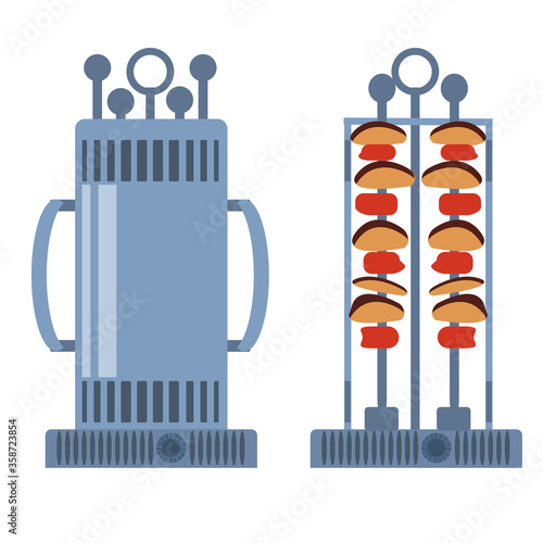 Electric shashlik a white background. Home BBQ grill open, closed, empty and  with food. Equipment for the kitchen. Vector illustration in flat style. Kitchenware grill. Kebab maker