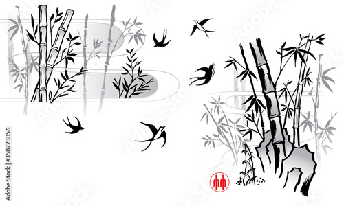 Elegant Chinese ink brush style bamboo drawing. Vector. The Chinese word stamp means bamboo.