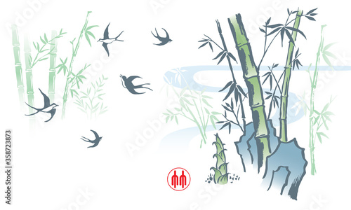 Elegant Chinese ink brush style bamboo drawing. Vector. The Chinese word stamp means bamboo.