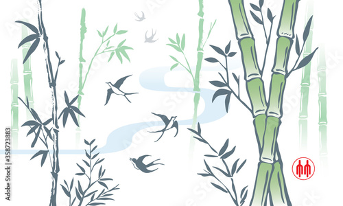 Elegant Chinese ink brush style bamboo drawing. Vector. The Chinese word stamp means bamboo.