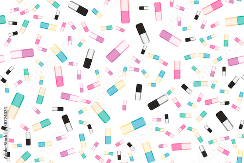 Seamless medical background with falling colorful capsules. Design for a poster, packaging, brochure. Vector illustration. Medicine presentation pattern of colorful capsules. Seamless pattern.
