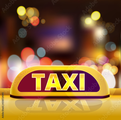 Yellow taxi sign on the roof of car in a city street. New York taxi car at night. Luminous neon taxi sign on bokeh big city background. Vector illustration. EPS 10.