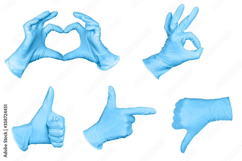 Set of hand or signs gestures in blue disposable latex surgical gloves isolated on white background. Set of hand or signs gestures in blue disposable latex surgical gloves isolated on white background.