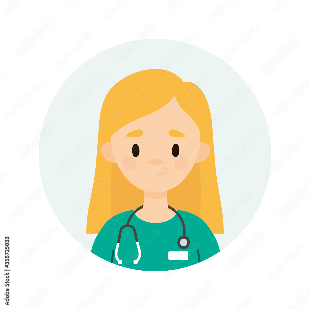 Female doctor character. Avatar of a young female doctor/nurse.  Happy doctor/nurse on a white background. 