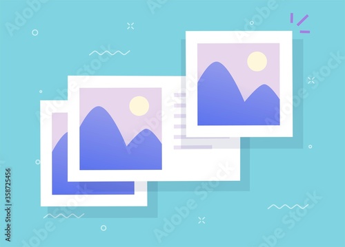 Photo picture cards with text comments online as digital album gallery or internet electronic photography images web files as blog post article vector flat cartoon illustration