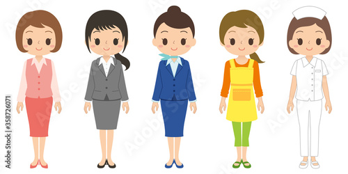 大人女性の全身イラスト(会社員, 主婦, 看護師)