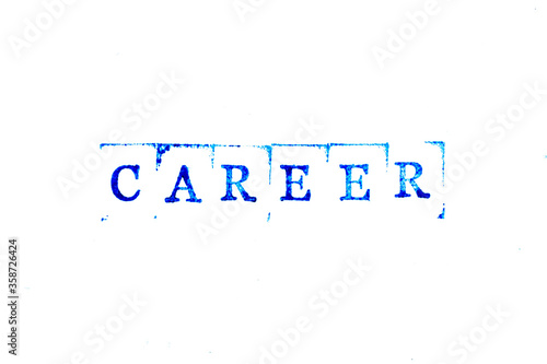 Blue ink of rubber stamp in word career on white paper background