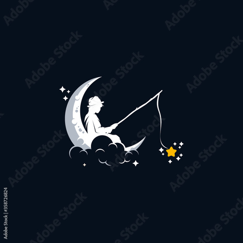 Kid fishing in the moon logo design template