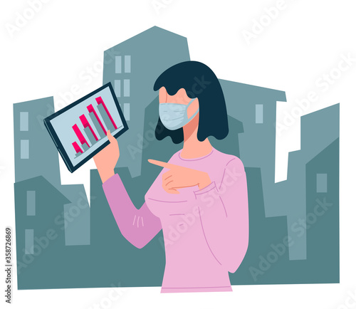 Female character in mask shows info on tablet in city
