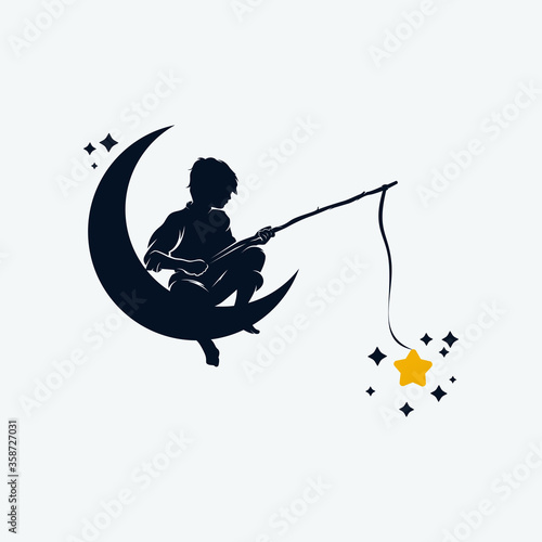 Kid fishing in the moon logo design template
