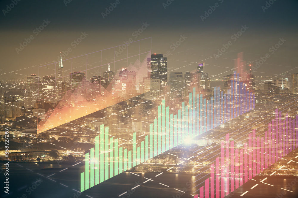 Financial graph on night city scape with tall buildings background double exposure. Analysis concept. Financial graph on night city scape with tall buildings background double exposure. Analysis concept.