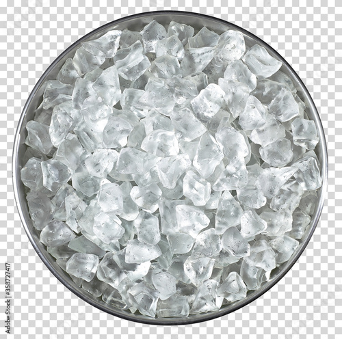 Full of crushed ice cubes in ice bucket from top view on isolated background including clipping path