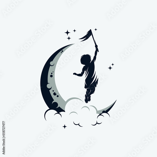 A child is flying holding a flag on the moon logo design template