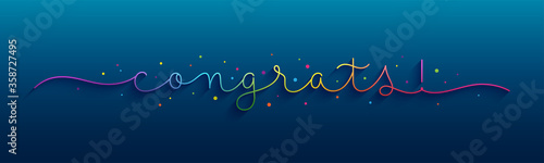 CONGRATS! rainbow vector monoline calligraphy banner with colorful confetti on blue background