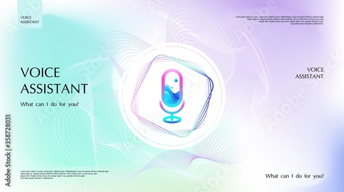 Smart voice assistant app template. Microphone icon control speech sound recognition. Digital audio spectrum line. Logo technology AI signal. Web, landing page design background. Vector illustration.