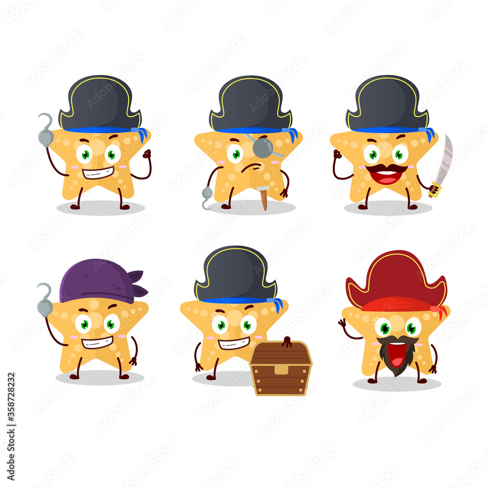 Cartoon character of yellow starfish with various pirates emoticons Cartoon character of yellow starfish with various pirates emoticons