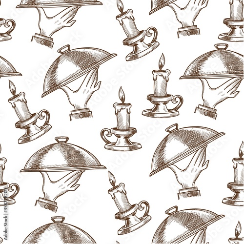 Vintage plate served in restaurants and candle seamless pattern