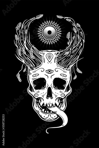 Hand drawn vector illustration with skull and horns and sun. Graphic handmade illustration. Emblem or print isolated from background.