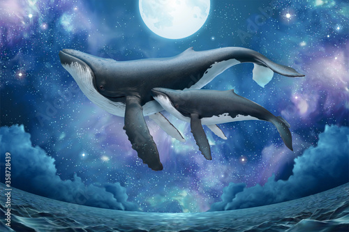 Whales flying in mid-air