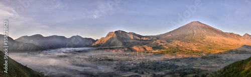 Panorama view of Sembalun Village with Mount Rinjani as a background
