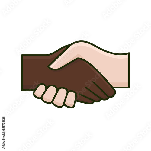 Handshake of white and black hand isolated vector illustration for Handshake Day on June 25th. Diversity and racial equality symbol.