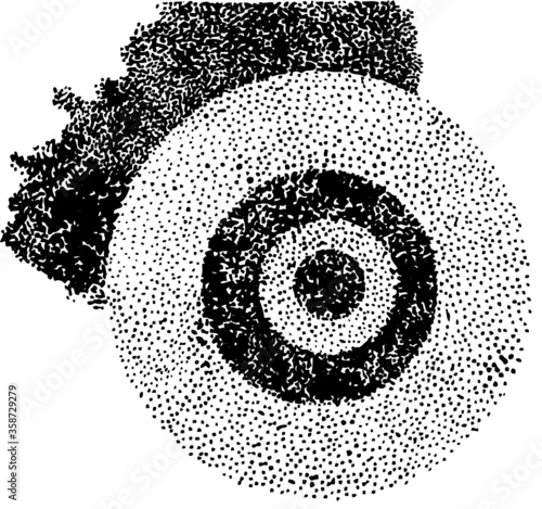 A vector illustration of an abstract black and white circle pointillist drawing.