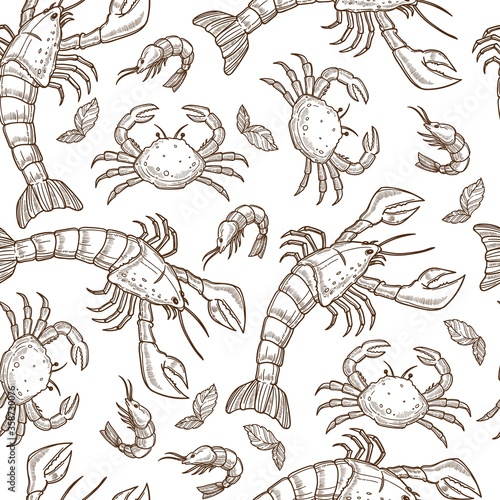 Aquatic animals, raw seafood shrimps and crabs seamless pattern