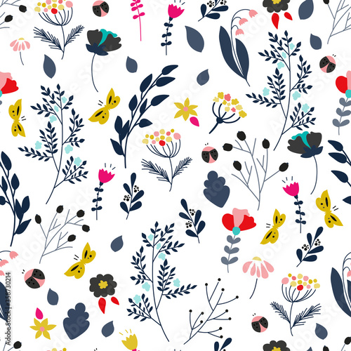 Floral seamless pattern. Botanical background for wrapping paper, textile print, wallpaper. Vector illustration.