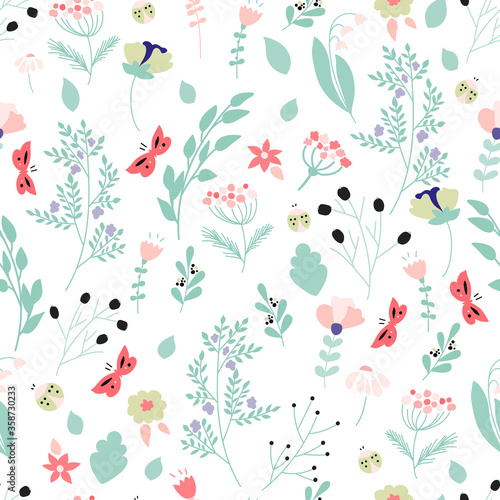 Floral seamless pattern. Botanical background for wrapping paper, textile print, wallpaper. Vector illustration.